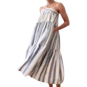 J.Crew Chambray Coverup Dress In Stripe Halter Pockets Adjustable Straps Size M